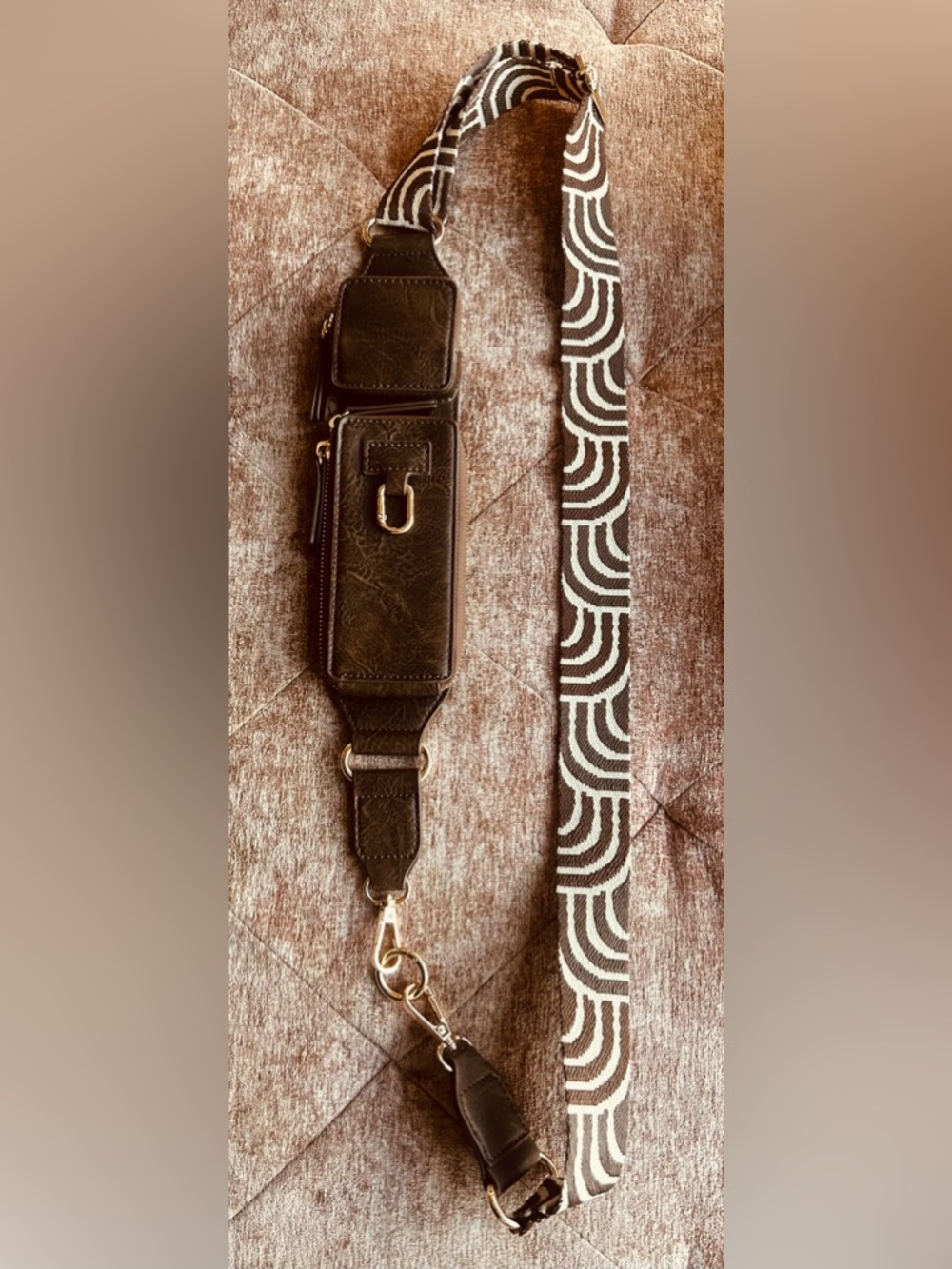 Brown Leather Crossbody Belt Bag with Patterned Strap